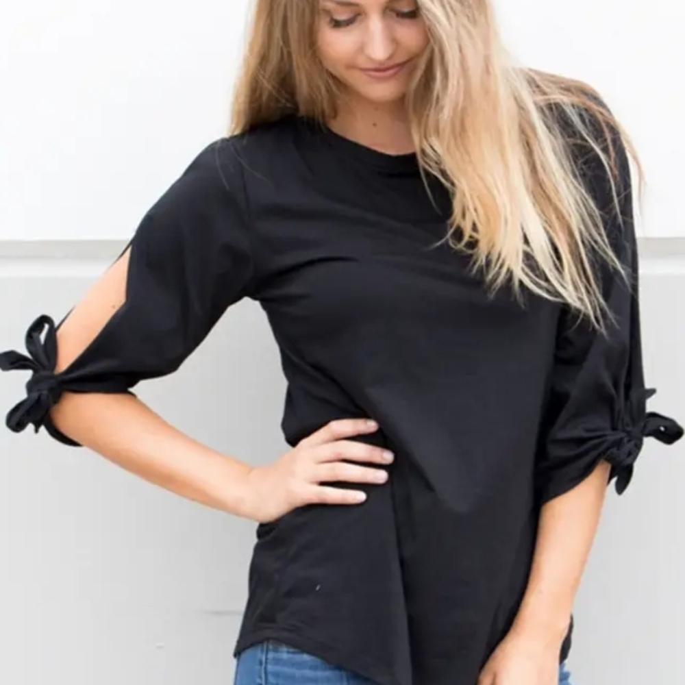 Tickled Teal Black Puff Sleeve Blouse with Tie Front